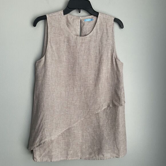 J McLaughlin Theodora Top 100% Linen Medium Tan Houndstooth Sleeveless Preppy - Picture 2 of 15